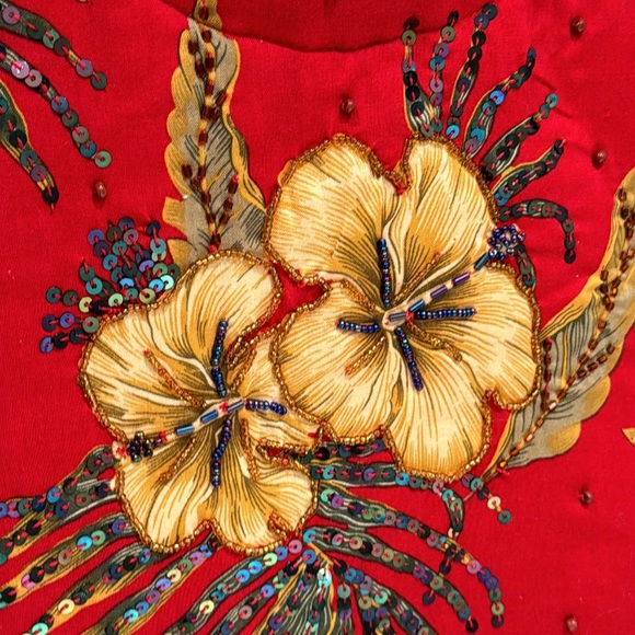 Wood Handles Bag Red Tropical Floral Beaded Sequin - Picture 4 of 7